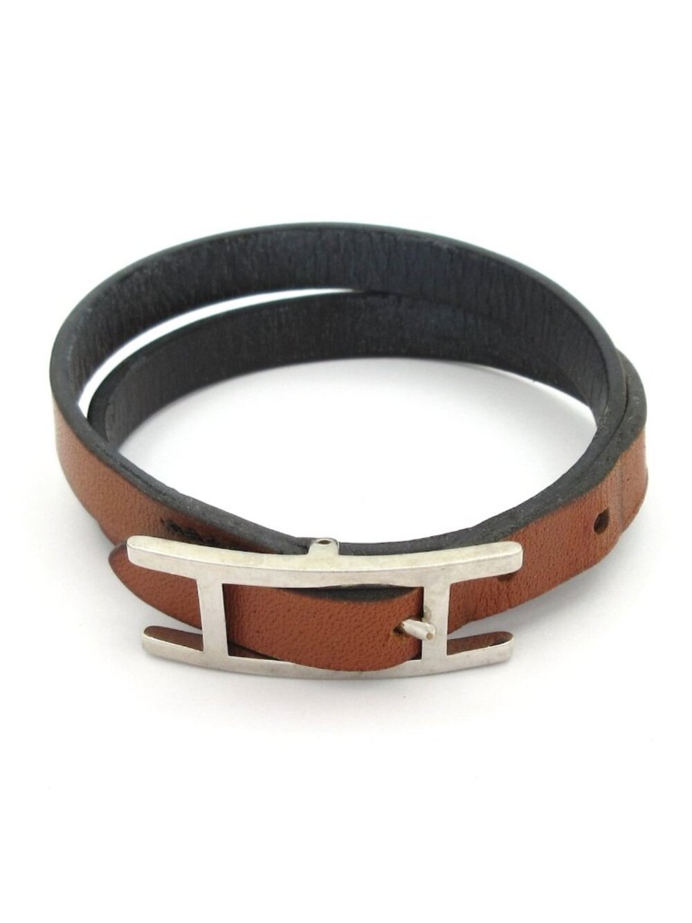 Hermes Bracelet Hapi 3 Leather Dark Brown Silver